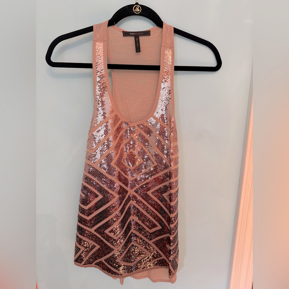BCBGMaxAzria Rose Gold Sequin Racerback Top
